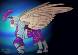 Size: 1423x1000 | Tagged: safe, artist:sunny way, oc, oc only, oc:scrappy rug, pegasus, pony, rcf community, armor, female, legion, mare, solo, wings, wings of steel