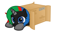 Size: 3640x2048 | Tagged: safe, artist:king-franchesco, oc, oc only, oc:thinkpony, pony, unicorn, box, cute, female, high res, ibm, pony in a box, simple background, solo, transparent background