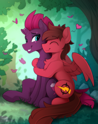 Size: 1810x2270 | Tagged: safe, artist:yakovlev-vad, tempest shadow, oc, oc:crimson sky, pegasus, pony, unicorn, g4, broken horn, canon x oc, chest fluff, cute, cutie mark, duo, duo male and female, eye scar, eyebrows, eyebrows visible through hair, eyes closed, facial scar, female, forest, horn, hug, lucky, male, mare, nature, outdoors, partially open wings, pegasus oc, scar, sitting, slender, smiling, stallion, thin, tree, wings