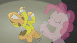 Size: 1920x1080 | Tagged: safe, screencap, cheese sandwich, pinkie pie, pony, g4, the last laugh, china, microphone, subtitles