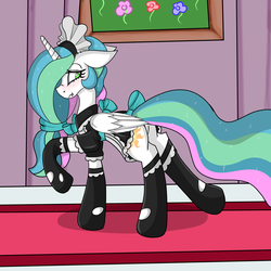 Size: 5000x5000 | Tagged: safe, alternate version, artist:cuddlelamb, princess celestia, queen chrysalis, alicorn, pony, g4, blushing, bowtie, butt, clothes, disguise, disguised changeling, fangs, female, fetish, floppy ears, green eyes, maid, mare, plot, shocked, solo, sunbutt