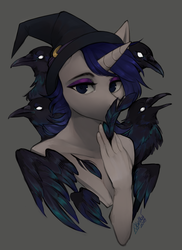 Size: 1200x1650 | Tagged: safe, artist:varllai, oc, oc only, oc:moonlit silver, bird, crow, unicorn, anthro, bust, commission, hat, portrait, solo, your character here