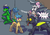 Size: 3508x2480 | Tagged: safe, artist:lizardwithhat, sweetie belle, oc, oc:frizzy brush, oc:solomon izzard, oc:warplix, changeling, earth pony, lizard, pony, robot, robot pony, g4, angry, annoyed, atg 2019, braided tail, butt, high res, newbie artist training grounds, onomatopoeia, plot, scared, sound effects, speech bubble, surprised, sweetie bot, sweetie bot is not amused, unamused, yellow changeling