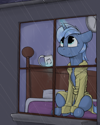 Size: 800x1000 | Tagged: safe, artist:sinrar, oc, oc only, oc:double colon, pony, unicorn, g4, bathrobe, bed, bedroom, clock, clothes, commission, cute, female, glowing horn, horn, magic, mare, mug, outside looking in, rain, robe, solo, telekinesis, window