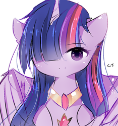Size: 914x978 | Tagged: safe, artist:crackerjackvn, twilight sparkle, alicorn, pony, g4, bust, cute, female, hair over one eye, looking at you, mare, peytral, portrait, simple background, solo, spread wings, twiabetes, twilight sparkle (alicorn), white background, wings