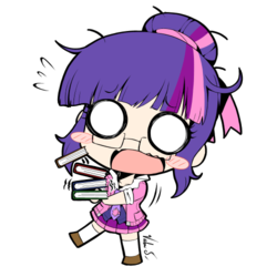 Size: 500x500 | Tagged: safe, artist:banzatou, twilight sparkle, human, g4, anime, blank eyes, blushing, book, chibi, clothes, cute, female, glasses, hair bun, humanized, manga style, open mouth, pleated skirt, plewds, shoes, simple background, skirt, socks, solo, transparent background, twiabetes