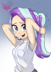 Size: 2480x3508 | Tagged: safe, artist:jeglegator, starlight glimmer, human, equestria girls, g4, arm behind head, armpits, blushing, clothes, cute, female, glimmerbetes, high res, humanized, looking at you, rain, school uniform, smiling, solo, wet