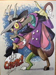 Size: 1536x2048 | Tagged: safe, artist:andypriceart, discord, draconequus, g4, cape, clothes, coat, darkwing duck, domino mask, hat, male, solo, speech bubble