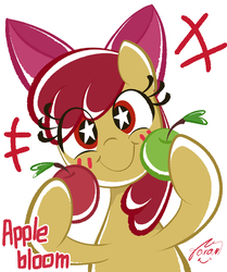Size: 1001x1200 | Tagged: safe, artist:garammasara, apple bloom, earth pony, pony, g4, adorabloom, apple, cute, eye clipping through hair, female, filly, food, looking at you, pixiv, simple background, solo, starry eyes, white background, wingding eyes