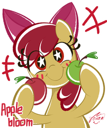 Size: 1001x1200 | Tagged: safe, artist:garammasara, apple bloom, earth pony, pony, g4, adorabloom, apple, cute, eye clipping through hair, female, filly, food, looking at you, simple background, solo, starry eyes, white background, wingding eyes