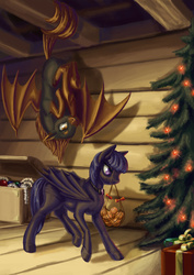 Size: 1240x1754 | Tagged: safe, artist:kirillk, oc, oc only, pony, behaving like a bat, christmas, christmas tree, duo, hanging, hanging upside down, holiday, mouth hold, prehensile tail, present, slit pupils, tree, upside down