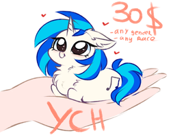 Size: 2988x2433 | Tagged: safe, artist:pesty_skillengton, dj pon-3, vinyl scratch, human, pony, g4, chest fluff, chibi, commission, cute, daaaaaaaaaaaw, ear fluff, female, floppy ears, fluffy, hand, heart eyes, high res, holding a pony, in goliath's palm, ponyloaf, solo, tiny, tiny ponies, vinylbetes, wingding eyes, ych example, your character here