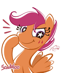 Size: 1001x1200 | Tagged: safe, artist:garammasara, scootaloo, pegasus, pony, g4, :t, blushing, cute, cutealoo, eye clipping through hair, female, filly, pixiv, simple background, solo, starry eyes, white background, wingding eyes