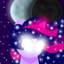 Size: 1000x1000 | Tagged: safe, artist:php185, twilight sparkle, pony, g4, bust, ethereal mane, female, full moon, galaxy mane, glowing eyes, magic, moon, smiling, solo