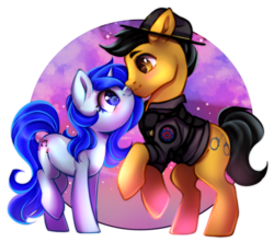 Size: 766x676 | Tagged: safe, artist:cabbage-arts, oc, oc only, oc:darren cuffs, oc:skyra heartsong, earth pony, pony, unicorn, boop, bulletproof vest, campaign hat, clothes, duo, female, male, noseboop, shipping, uniform