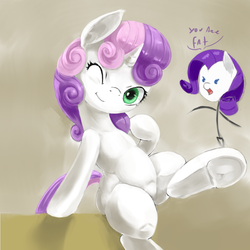 Size: 1000x1000 | Tagged: safe, artist:usager, rarity, sweetie belle, pony, unicorn, g4, cute, diasweetes, female, filly, frog (hoof), mare, one eye closed, smiling, solo focus, stick figure, underhoof, wink