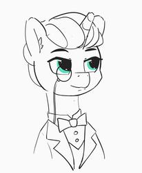 Size: 1166x1414 | Tagged: safe, artist:pabbley, fancypants, pony, unicorn, g4, alternate hairstyle, bowtie, clothes, male, monochrome, monocle, partial color, shaved, simple background, smiling, solo, stallion, suit, white background