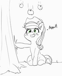 Size: 2017x2471 | Tagged: safe, artist:pabbley, applejack, earth pony, pony, g4, apple, apple tree, applejack's hat, appul, cowboy hat, cute, ear fluff, falling, female, food, freckles, hat, high res, jackabetes, looking up, mare, monochrome, open mouth, partial color, silly, silly pony, sitting, smiling, solo, that pony sure does love apples, this will end in pain and/or angry countryisms, tree, who's a silly pony