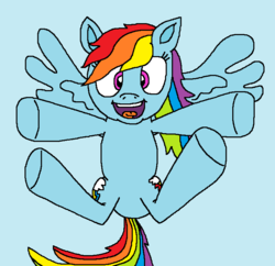 Size: 735x711 | Tagged: safe, artist:logan jones, edit, rainbow dash, pegasus, pony, g4, both cutie marks, crippled, cute, dashabetes, featureless crotch, female, fixed, flying, happy, hooves out, open mouth, sky, smiling