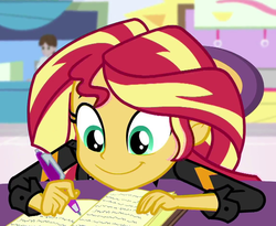Size: 1153x945 | Tagged: safe, screencap, sunset shimmer, human, equestria girls, equestria girls specials, g4, my little pony equestria girls: mirror magic, cute, female, journal, shimmerbetes, solo, writing