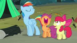 Size: 1280x720 | Tagged: safe, screencap, apple bloom, rainbow dash, scootaloo, earth pony, pony, g4, sleepless in ponyville, blank flank, eyes closed, log, mawshot, nose in the air, open mouth, smiling, tent, uvula, volumetric mouth