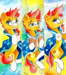 Size: 1024x1159 | Tagged: safe, artist:lailyren, sunburst, pony, unicorn, g4, abstract background, book, bookmark, cape, clothes, glasses, hooves, male, mixed media, solo, stallion, traditional art, watercolor painting