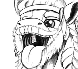 Size: 4500x4000 | Tagged: safe, artist:vittorionobile, rockhoof, oc, oc:gentlesteps, earth pony, pony, unicorn, g4, beard, black and white, cute, facial hair, fetish, grayscale, happy, macro, male, maw, mawplay, mawshot, micro, monochrome, mouth, mouthplay, open mouth, smiling, stallion, throat, tongue out, uvula, uvula hug, vore