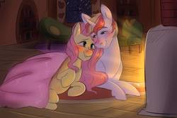 Size: 1093x731 | Tagged: safe, artist:spazzyhippie, fluttershy, oc, oc:lucky charm, pegasus, pony, unicorn, g4, blanket, blushing, bookshelf, canon x oc, couch, cuddling, cute, duo, female, fireplace, flucky, fluttershy's cottage, in love, looking at each other, male, mare, pregnant, romantic, shipping, snow, snowfall, stallion, straight