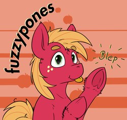 Size: 1510x1440 | Tagged: safe, artist:fuzzypones, big macintosh, earth pony, pony, g4, :p, abstract background, badge, con badge, frog (hoof), male, solo, stallion, tongue out, underhoof