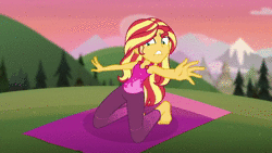 Size: 1920x1080 | Tagged: safe, screencap, rainbow dash, sunset shimmer, equestria girls, equestria girls series, g4, wake up!, spoiler:choose your own ending (season 2), spoiler:eqg series (season 2), animated, barefoot, cellphone, confused lemur, faic, feet, female, geode of empathy, horse on a bike, inverse badger, magical geodes, no sound, phone, tech-savvy donkey, the stranded turtle, the undulating parakeet, wake up!: rainbow dash, webm, workout, yoga