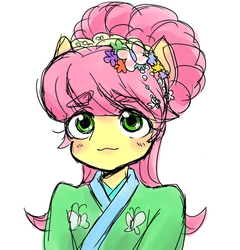 Size: 705x734 | Tagged: safe, artist:nayu, artist:sea contact, fluttershy, pony, g4, alternate hairstyle, ambiguous facial structure, blushing, bust, clothes, cute, dress, eyebrows, eyebrows visible through hair, female, hair accessory, modelshy, no nose, pixiv, shyabetes, simple background, solo, white background