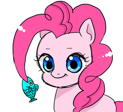 Size: 650x595 | Tagged: safe, artist:nayu, artist:sea contact, pinkie pie, earth pony, fish, pony, g4, biting, cute, diapinkes, female, hair bite, mare, pixiv, ponk, simple background, solo, white background