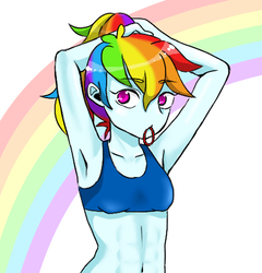 Size: 467x486 | Tagged: safe, artist:nayu, artist:sea contact, rainbow dash, equestria girls, g4, abs, adorasexy, armpits, belly button, clothes, colored pupils, cute, dashabetes, female, hair tie, midriff, mouth hold, pixiv, ponytail, rainbow, sexy, solo, sports bra, tying hair