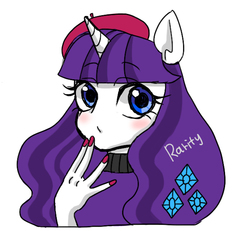 Size: 612x565 | Tagged: safe, artist:nayu, artist:sea contact, rarity, anthro, g4, alternate hairstyle, ambiguous facial structure, beatnik rarity, beret, bust, clothes, cute, female, hat, nail polish, pixiv, portrait, raribetes, simple background, solo, sweater, white background