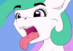 Size: 4705x3300 | Tagged: safe, artist:shiva, derpibooru exclusive, edit, princess celestia, alicorn, pony, g4, bust, female, mawshot, open mouth, solo, tongue out