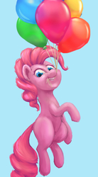 Size: 642x1167 | Tagged: safe, artist:stratodraw, pinkie pie, earth pony, pony, g4, balloon, blue background, female, floating, mouth hold, simple background, smiling, solo, then watch her balloons lift her up to the sky