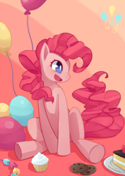 Size: 700x989 | Tagged: safe, artist:manimu, pinkie pie, earth pony, pony, g4, balloon, cake, cookie, cupcake, cute, cutie mark, diapinkes, female, food, mare, open mouth, pixiv, profile, rock candy necklace, sitting, solo