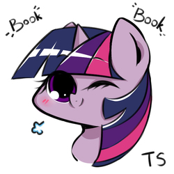 Size: 566x566 | Tagged: safe, artist:crazy bush, part of a set, twilight sparkle, pony, g4, blushing, book, bust, cute, female, head only, one eye closed, one word, pixiv, portrait, solo, that pony sure does love books, twiabetes, wink