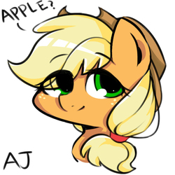 Size: 566x566 | Tagged: safe, artist:crazy bush, part of a set, applejack, earth pony, pony, g4, apple, bust, cute, eye clipping through hair, female, head only, jackabetes, one word, pixiv, portrait, simple background, solo, that pony sure does love apples, white background