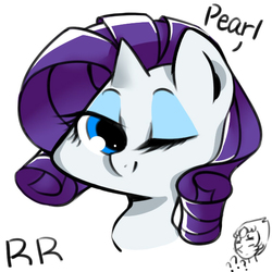 Size: 566x566 | Tagged: safe, artist:crazy bush, part of a set, rarity, gem (race), pony, unicorn, g4, bust, crossover, cute, diamond and pearl, duo, duo female, female, gem, head only, mare, one eye closed, one word, pearl, pearl (steven universe), pixiv, portrait, question mark, raribetes, simple background, steven universe, white background, wink
