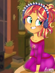 Size: 1800x2400 | Tagged: safe, artist:artmlpk, sunset shimmer, equestria girls, g4, alternate hairstyle, bare shoulders, blushing, clothes, cute, female, headphones, house, kneeling, pajamas, ponytail, shimmerbetes, solo, sunset