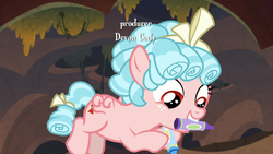 Size: 1280x720 | Tagged: safe, screencap, cozy glow, pegasus, pony, frenemies (episode), g4, crayon, female, filly, flying, foal, mouth hold, solo