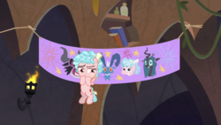 Size: 1920x1080 | Tagged: safe, screencap, cozy glow, grogar, lord tirek, queen chrysalis, pegasus, pony, frenemies (episode), g4, banner, belly, female, filly, flying, foal, solo, torch