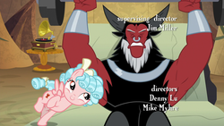 Size: 1280x720 | Tagged: safe, screencap, cozy glow, lord tirek, pegasus, pony, frenemies (episode), g4, armpits, barbell, duo, eyes closed, female, filly, foal, gramophone, male, nose piercing, nose ring, opening credits, piercing, raised hoof, septum piercing, weights