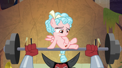 Size: 1280x720 | Tagged: safe, screencap, cozy glow, lord tirek, pegasus, pony, frenemies (episode), g4, barbell, female, filly, foal, lidded eyes, sitting, solo focus, weights