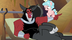 Size: 1280x720 | Tagged: safe, screencap, cozy glow, lord tirek, centaur, pegasus, pony, frenemies (episode), g4, barbell, bow, cloven hooves, crossed hooves, duo, female, filly, flying, foal, hair bow, male, nose piercing, nose ring, piercing, pointing, septum piercing, tail bow, weights