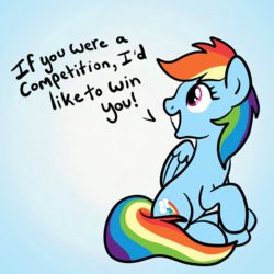 Size: 2100x2100 | Tagged: safe, artist:sjart117, part of a set, rainbow dash, pegasus, pony, g4, bad pickup line, dialogue, female, flirting, folded wings, grin, high res, looking back, mare, pickup lines, raised hoof, simple background, sitting, smiling, solo, speech, talking, wings