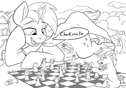 Size: 4625x3264 | Tagged: safe, artist:tsitra360, edit, oc, oc only, oc:aether lux, oc:snap fable, pony, unicorn, checkmate, chess, chess piece, chessboard, chubby, forest, giant pony, houses, inanimate tf, macro, magic, male, micro, prone, size difference, stallion, transformation, village, wizard, wizard robe