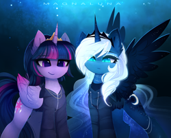 Size: 3812x3060 | Tagged: safe, artist:magnaluna, princess luna, twilight sparkle, alicorn, pony, accessories, blue background, clothes, crown, cute, cute little fangs, duo, fangs, female, hoodie, horn, jewelry, looking at you, looking down, looking down at you, mare, necklace, night, regalia, simple background, smiling, twilight sparkle (alicorn), wings