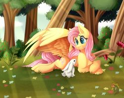 Size: 1024x805 | Tagged: safe, artist:calamity-studios, angel bunny, fluttershy, pegasus, pony, rabbit, g4, animal, crepuscular rays, cute, duo, female, flower, forest, grass, mare, shyabetes, smiling, spread wings, tree, wings